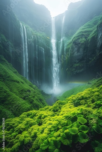 A powerful waterfall cascades through a vibrant green valley  surrounded by lush foliage and stunning scenery.