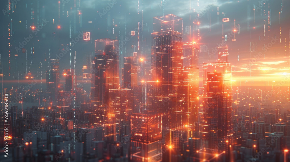 A visually stunning 3D graph towers in the foreground showcasing the performance of various stocks and industries. In the background a bustling metropolis of skyscrapers and futuristic A visually stunning 3D graph towers in the foreground showcasing the performance of various stocks and industries. In the background a bustling metropolis of skyscrapers and futuristic