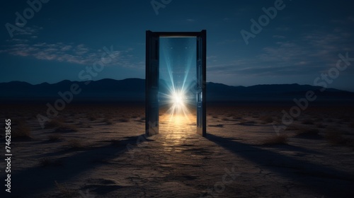 Light shining through open door in field or desert at night