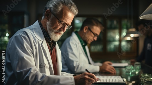two doctors working on tablet in modern office.