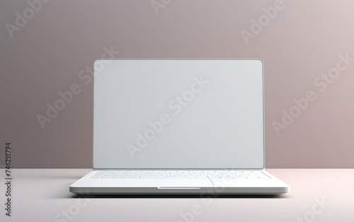3D rendering illustration. Laptop computer with blank and white screen and color keyboard place table in the darkroom and blue lighting. Image for presentation.
 photo
