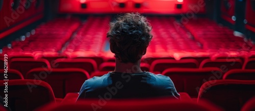 Man sitting in theater looking at movies 