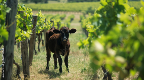 A small cow grazes in a designated area of the vineyard providing natural fertilizer for the soil. The cows are an essential part of the biodynamic farming process helping photo