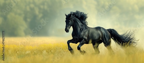 An enchanting Frisian black horse gallops gracefully through a refreshing springtime green field filled with tall grass.