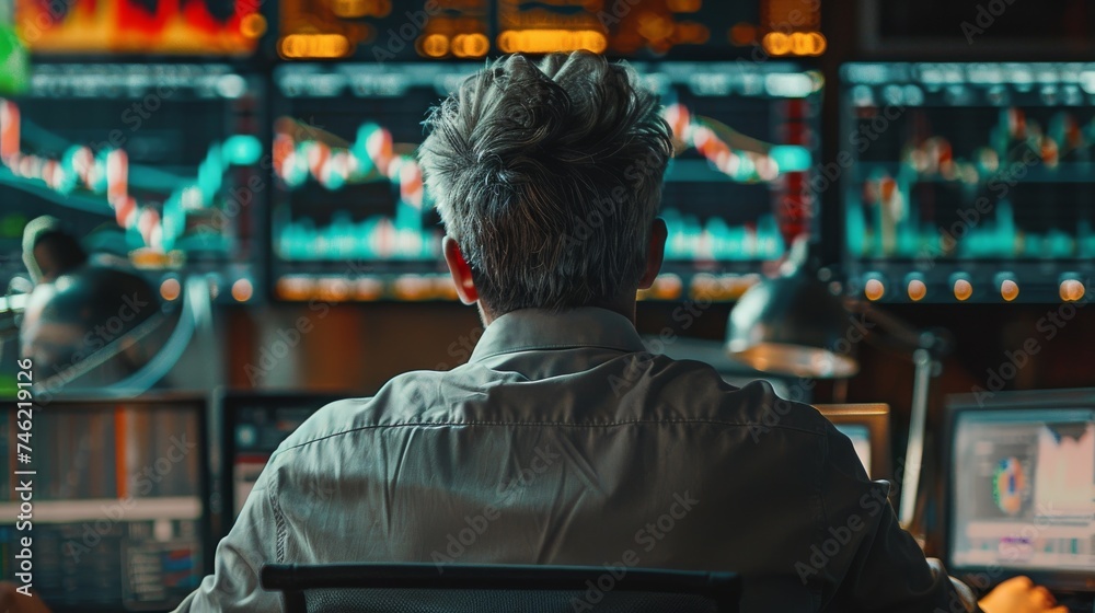 Market analyst studying charts in front of display setup Market analyst studying charts in front of display setup