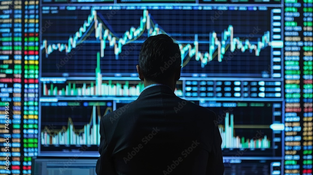 Market analyst studying charts in front of display setup