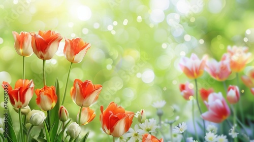 bright flowers of spring Banner design greeting card with picture on green background.