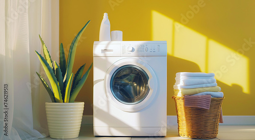 A washing machine, laundry basket, and a plant in a sunny room.