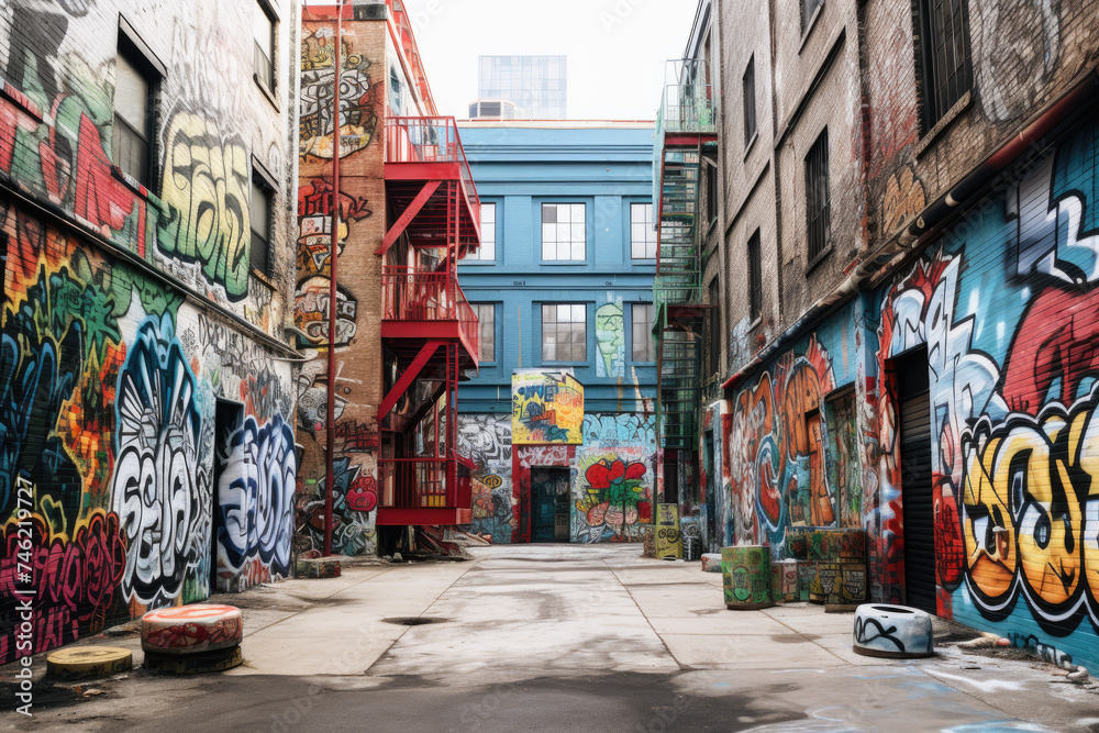 Fototapeta premium City alleyway back alley with graffiti and fire escape 