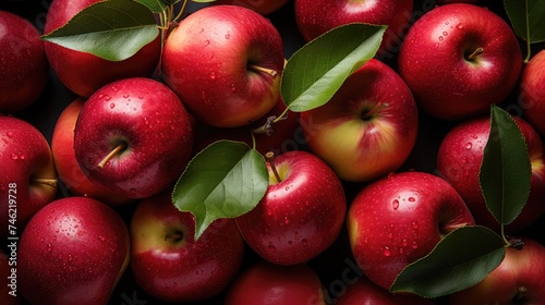 many fresh red apples, flat lay, top view.