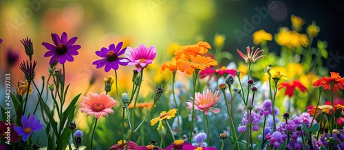 A captivating display of beautiful flowers brightens up a sunny day as they scatter across the vibrant green grass.