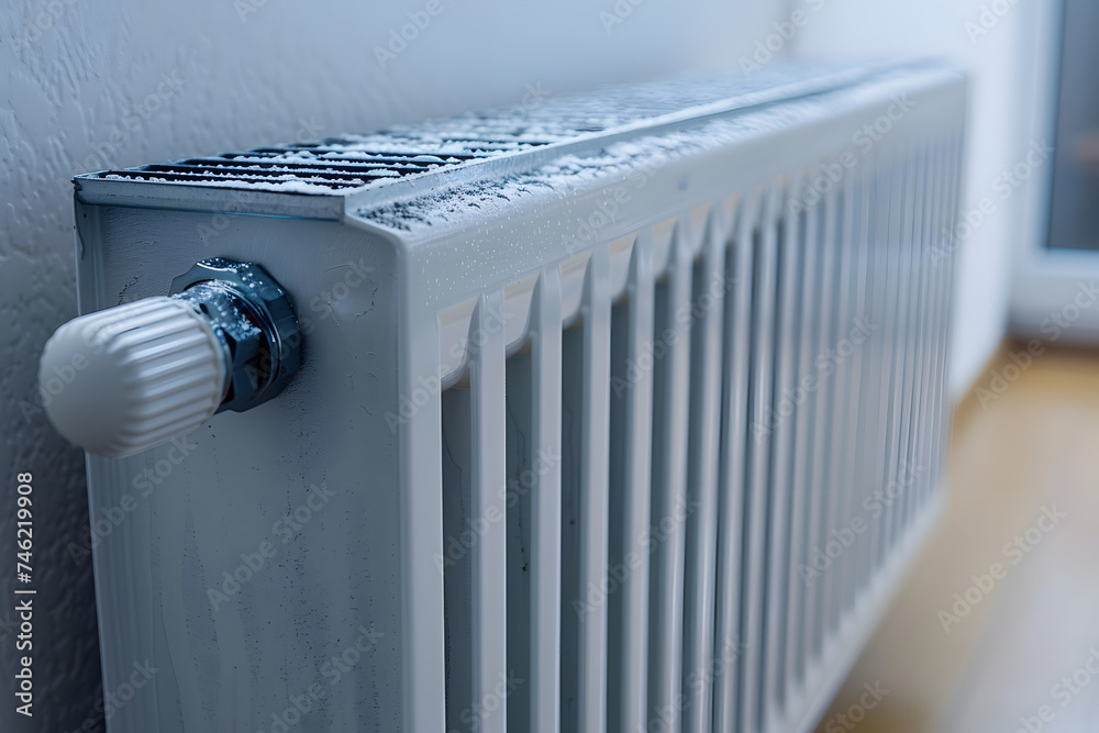 White metal heating radiator forming part of a central heating system with energy-efficient thermal insulation on the wall White metal heating radiator forming part of a central heating system with energy-efficient thermal insulation on the wall
