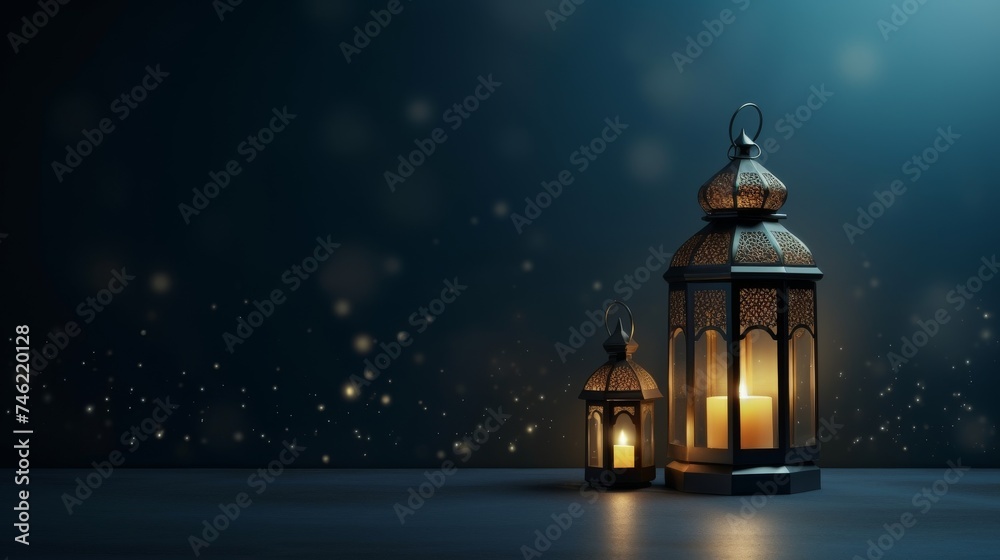 Fototapeta premium Modern Islamic holiday banner suitable for Ramadan, Eid al - Adha. A lit lantern on an evening background