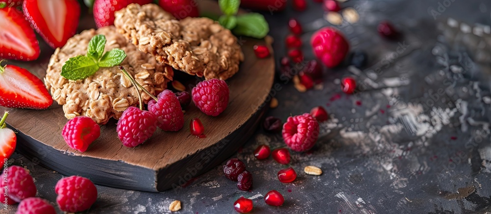 Fototapeta premium A pair of healthy oatmeal cookies, perfect for Valentines Day, are seen resting on a wooden cutting board amidst a mix of fresh fruits.
