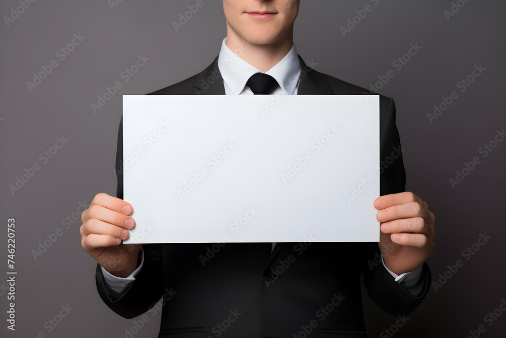 businessman holding blank paper advertisement concept
businessman holding blank paper advertisement concept