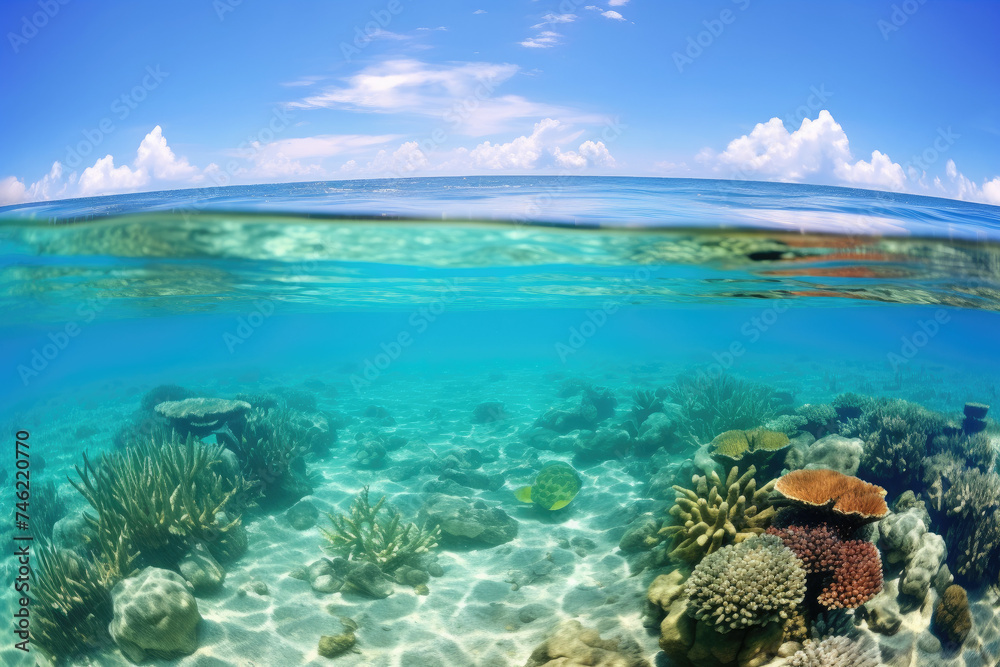 ocean water waves with underwater coral reef view