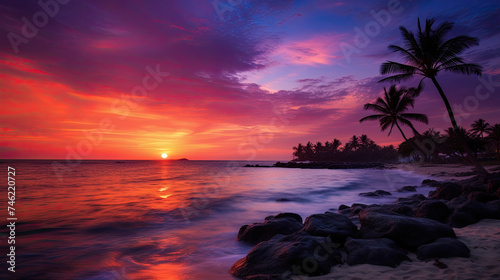 Beautiful sunset on tropical beach with ocean waves and palm trees
