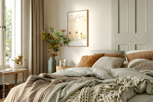 Cozy bedroom interior with bed and pillows, 3d render