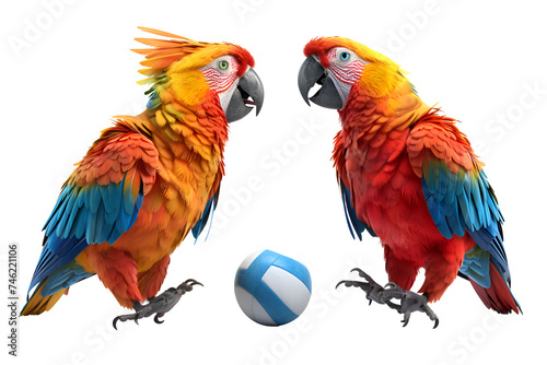 A 3D animated cartoon render of energetic parrots playing volleyball.
