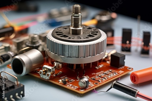 Detailed view of a potentiometer wiper with various electronic components and tools in the background photo