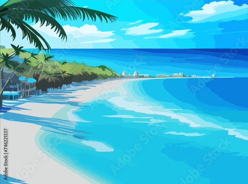 stunning tropical beach with crystal clear water, palm trees, and blue sky, with copy space. Summer landscape on the sea. Vector illustration