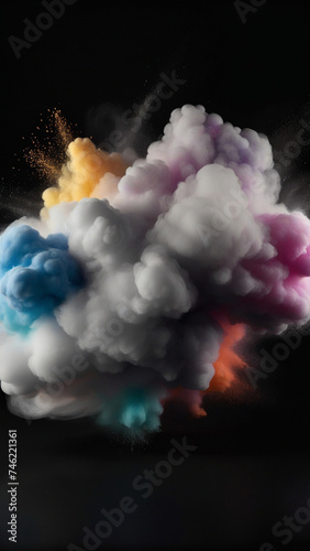 Explosion of a cloud of powder of particles of colors white and a black background