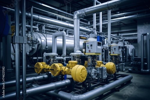 An intricate web of pipes and gauges surrounding a booster pump in a bustling factory setting