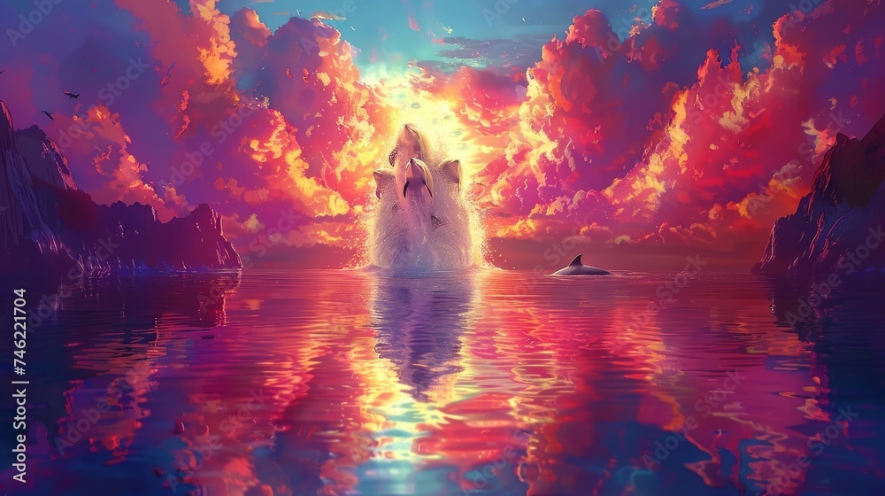 Fantasy Seascape with a Fiery Sky Reflecting in the Ocean, Mythical Creatures Rising Towards the Light in a Surreal Setting