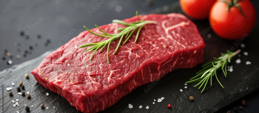 A raw and juicy piece of fresh beef steak sits on top of a cutting board, ready to be prepared.