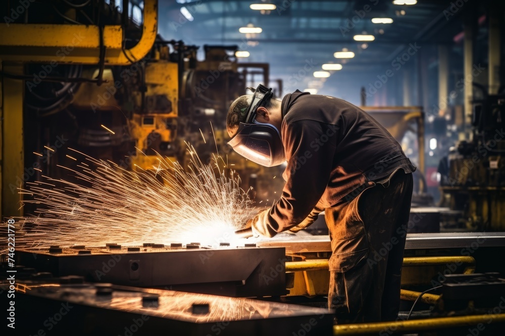 The Intricate Dance of Man and Machine: A Shearing Machine at Work in an Industrial Setting The Intricate Dance of Man and Machine: A Shearing Machine at Work in an Industrial Setting