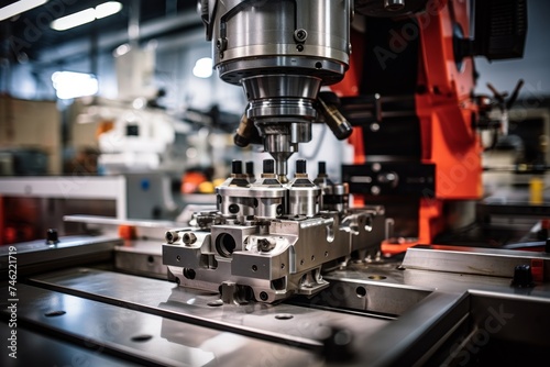 An intimate look at an intricately designed industrial jig amidst the hum of a busy manufacturing plant photo