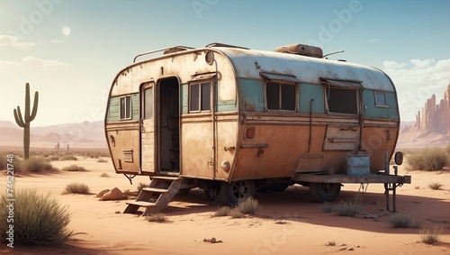 "Desolate Desert Scene: Stylized Digital Illustration of an Abandoned Trailer"