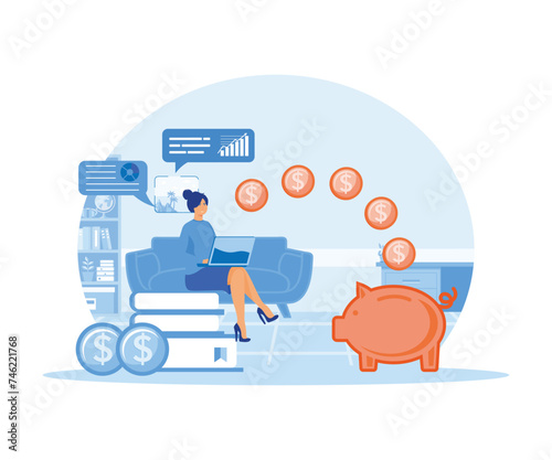 A young woman works at a laptop to study and fulfill financial savings. Money is flying in a piggy bank. flat vector modern illustration 