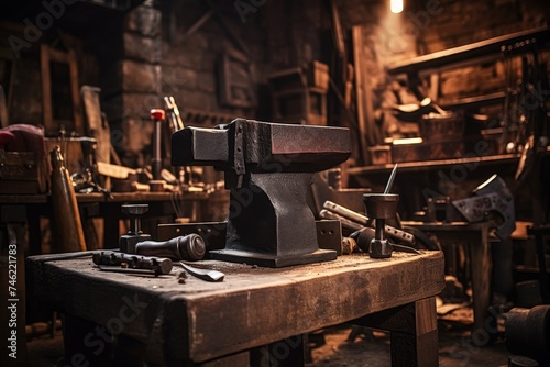 An imposing black anvil on a wooden stand amidst a collection of traditional tools in an old-world industrial setting