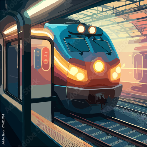 Train in metro station at night time, empty subway platform with glowing lamps, map and ads banners, underground interior design. metropolitan, railroad, public railway.