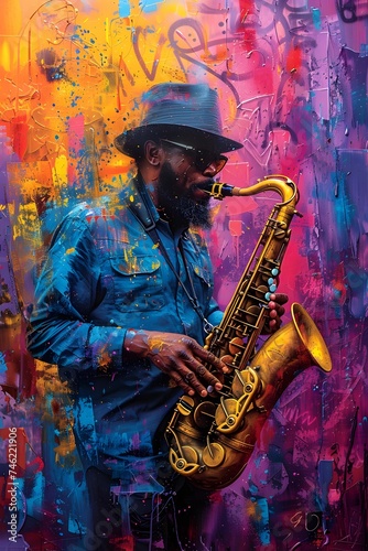 Abstract Jazz Sax Player in Vibrant Color Fields