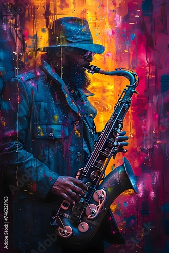 Expressive Jazz Saxophonist in Bright Abstract Art