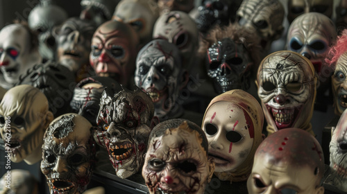 A collection of gruesome masks ranging from y zombies to menacing clowns.