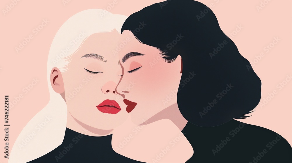 Women friendship concept. Lesbian female couple hugging as metaphor of empathy and support. Women’s day cartoon illustration.