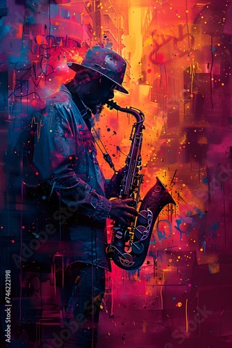 Saxophonist in Intense Color Swaths Painting by James Allen