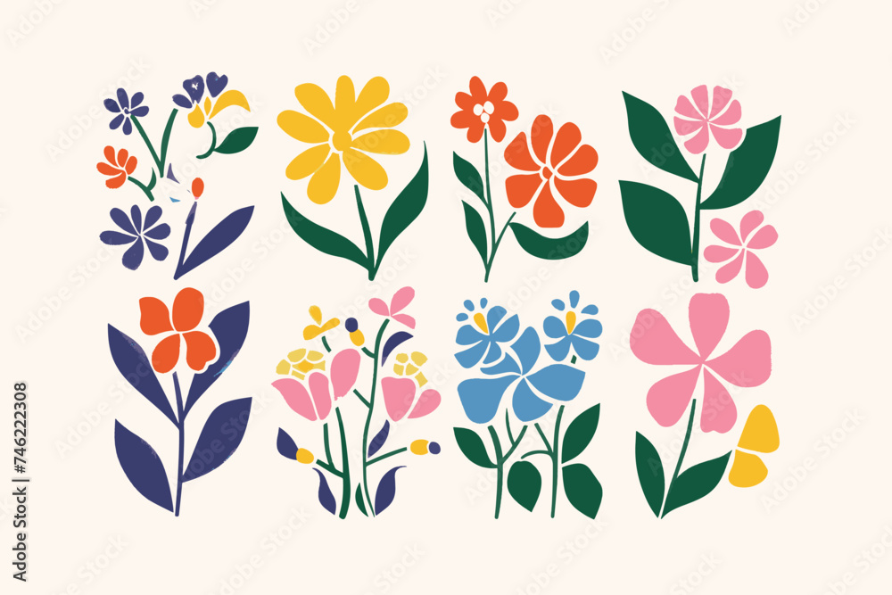 A set of fun flower and nature design elements. Flat hand drawn vector collection