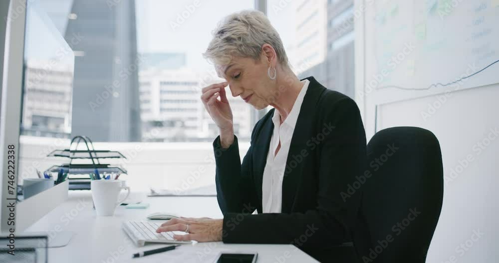 Business woman, headache and stress on computer for human resources mistake, error or time management fail. Mature person with fatigue tired or pain at her office desk for report, deadline or burnout Business woman, headache and stress on computer for human resources mistake, error or time management fail. Mature person with fatigue tired or pain at her office desk for report, deadline or burnout