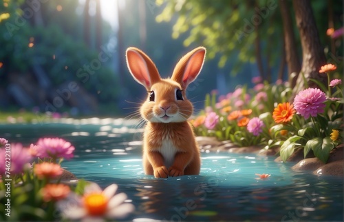 Bunny in the forest with colorful flowers and estaer eggs beside the river photo