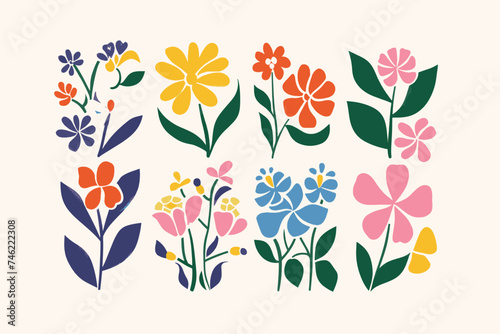 A set of fun flower and nature design elements. Flat hand drawn vector collection