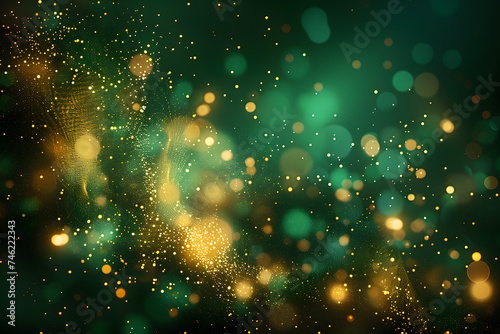 Abstract blurred festive background in gold and green colors with bokeh lights. St. Patrick's Day backdrop. Generative AI illustration