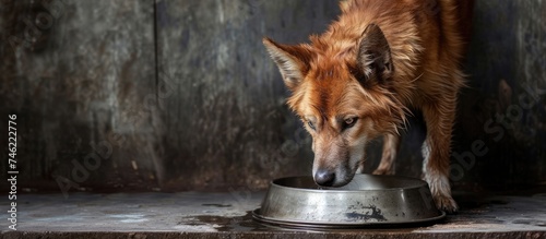 A famished canine is seen in the photograph as it eagerly consumes food or liquid from a metal bowl. photo