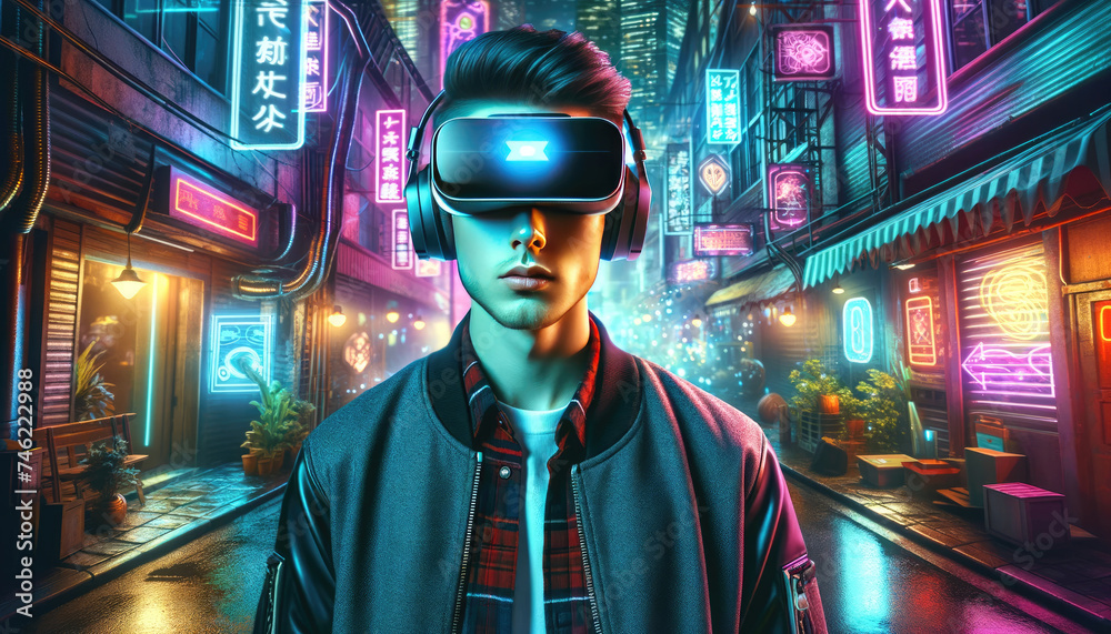 A young man wearing a virtual reality headset is immersed in a vibrant, neon-lit urban alleyway, experiencing futuristic digital worlds.