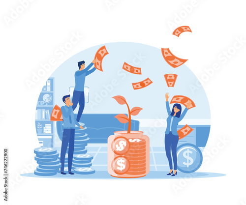 Saving money in piggy bank putting income and cash on deposit. Business, wealth and financial investment concept. flat vector modern illustration 