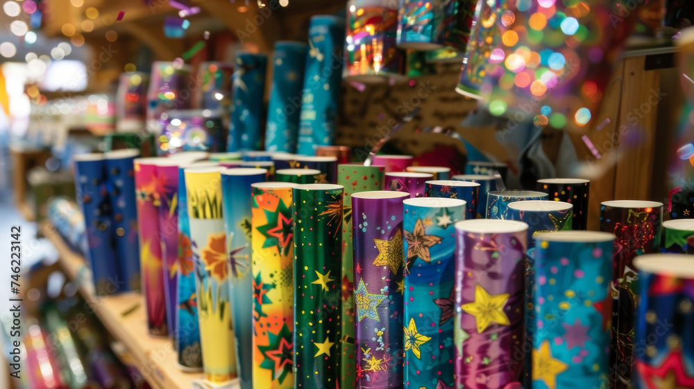 A shop display full of confetti poppers featuring bright and bold designs to add an extra dose of excitement to the New Years Eve countdown.