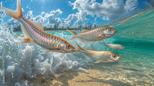 Underwater scene of silver fishes swimming powerfully against the ocean current with a clear sky above the water surface photo